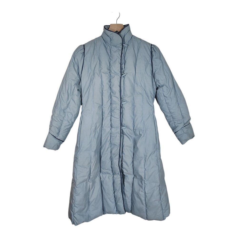 Woolrich Womens Puffer Coat Size Small Blue Long Retro Toggle Buttons Vintage